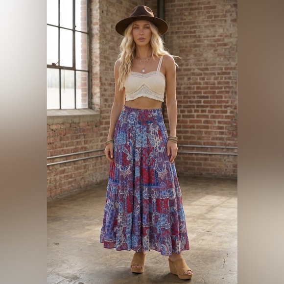 NWT Angie Clothing Boho Festival Americana Paisley Floral Smocked Maxi Skirt - Picture 5 of 8